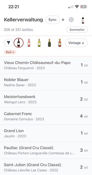 Dashboard der Kellerverwaltungs-App mit Flaschenzahl und Weinliste