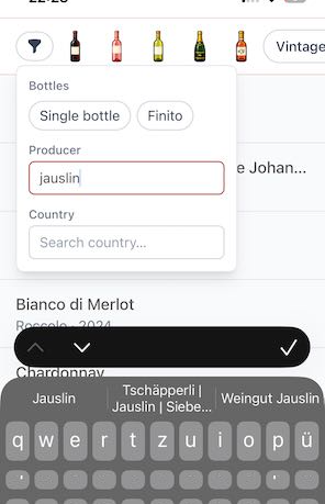 Filterpanel: Suche nach Produzent, Land und Flaschenzahl